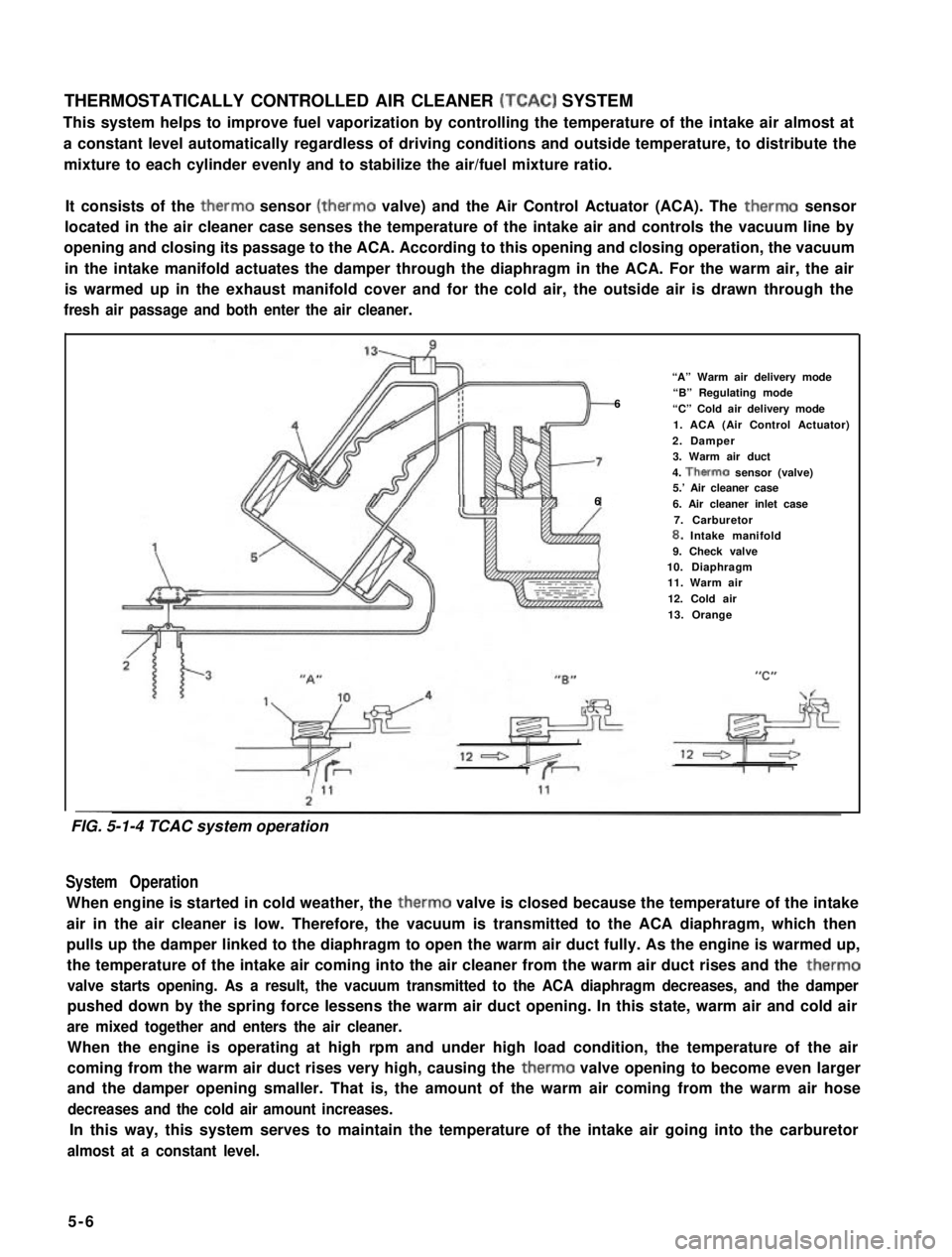 SUZUKI GRAND VITARA 1987  Service Repair Manual THERMOSTATICALLY CONTROLLED AIR CLEANER (TCAC) SYSTEM
This system helps to improve fuel vaporization by controlling the temperature of the intake air almost at
a constant level automatically regardles