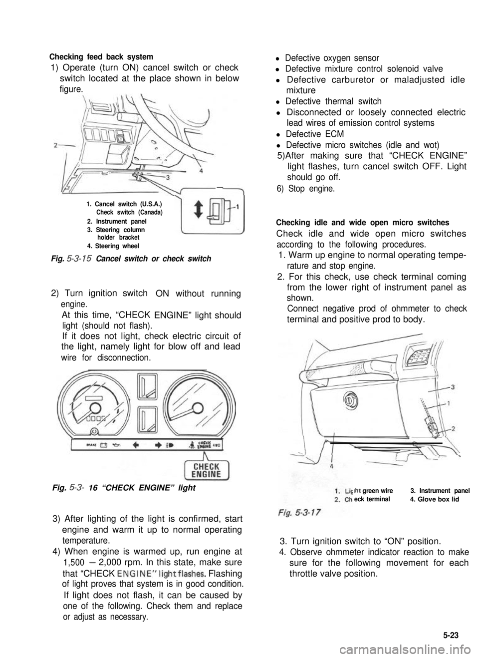 SUZUKI GRAND VITARA 1987  Service Repair Manual Checking feed back system
1) Operate (turn ON) cancel switch or check
l Defective oxygen sensor
l Defective mixture control solenoid valve
switch located at the place shown in belowl Defective carbure