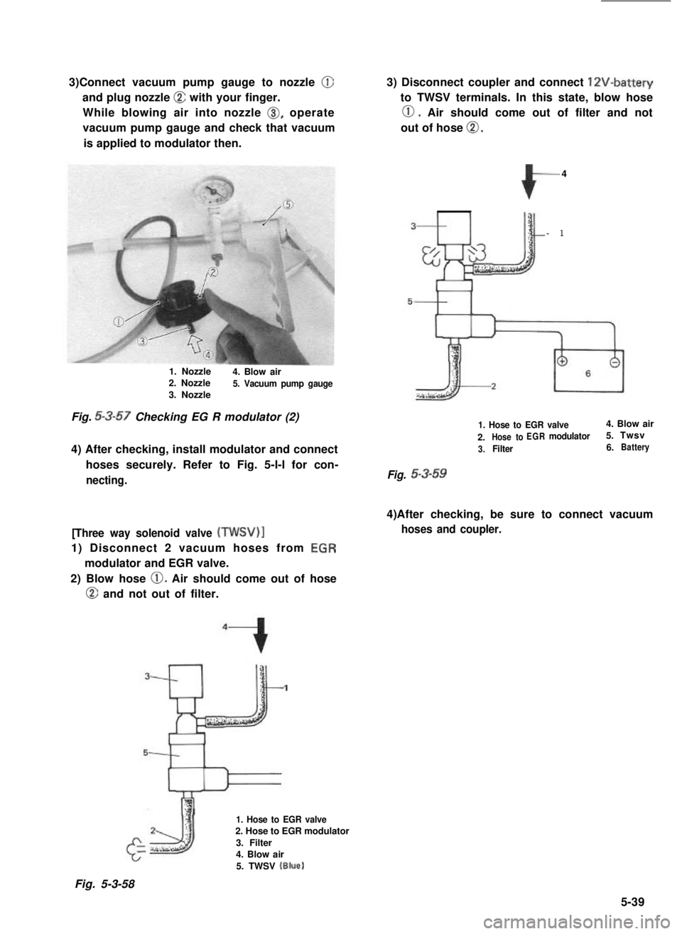 SUZUKI GRAND VITARA 1987  Service Repair Manual 3)Connect vacuum pump gauge to nozzle @
and plug nozzle @ with your finger.
While blowing air into nozzle 0, operate
vacuum pump gauge and check that vacuum
is applied to modulator then.
3) Disconnect