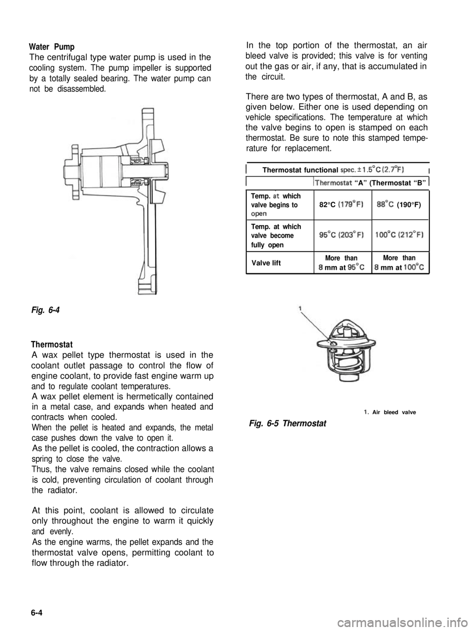 SUZUKI GRAND VITARA 1987  Service Repair Manual Water Pump
The centrifugal type water pump is used in the
cooling system. The pump impeller is supported
by a totally sealed bearing. The water pump can
not be disassembled.
Fig. 6-4
Thermostat
A wax 