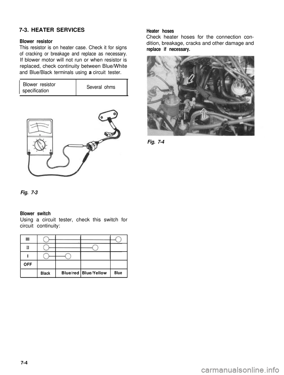 SUZUKI GRAND VITARA 1987  Service Repair Manual 7-3. HEATER SERVICES
Blower resistor
This resistor is on heater case. Check it for signs
of cracking or breakage and replace as necessary.
If blower motor will not run or when resistor is
replaced, ch