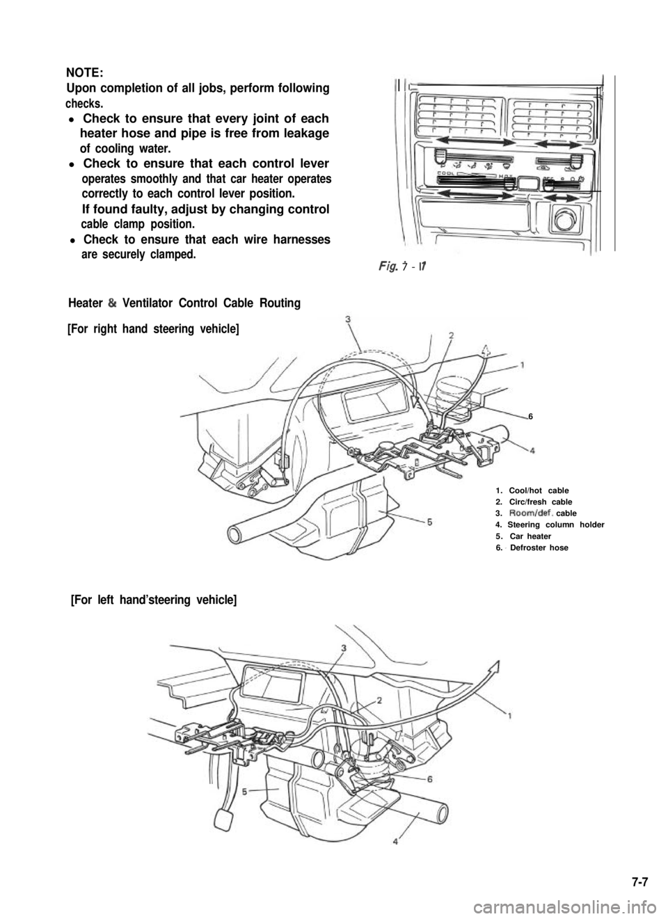 SUZUKI GRAND VITARA 1987  Service Repair Manual NOTE:
Upon completion of all jobs, perform following
checks.
l Check to ensure that every joint of each
heater hose and pipe is free from leakage
of cooling water.
l Check to ensure that each control 