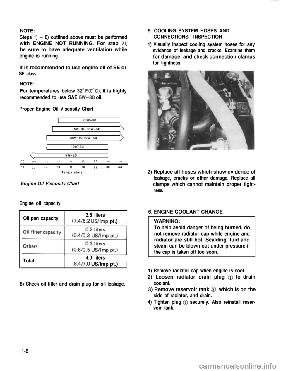 SUZUKI GRAND VITARA 1987 Service Repair Manual NOTE:
Steps 1) - 6) outlined above must be performed
with ENGINE NOT RUNNING. For step 7),
be sure to have adequate ventilation while
engine is running
It is recommended to use engine oil of SE or
SF SUZUKI GRAND VITARA 1987 Service Repair Manual NOTE:
Steps 1) - 6) outlined above must be performed
with ENGINE NOT RUNNING. For step 7),
be sure to have adequate ventilation while
engine is running
It is recommended to use engine oil of SE or
SF
