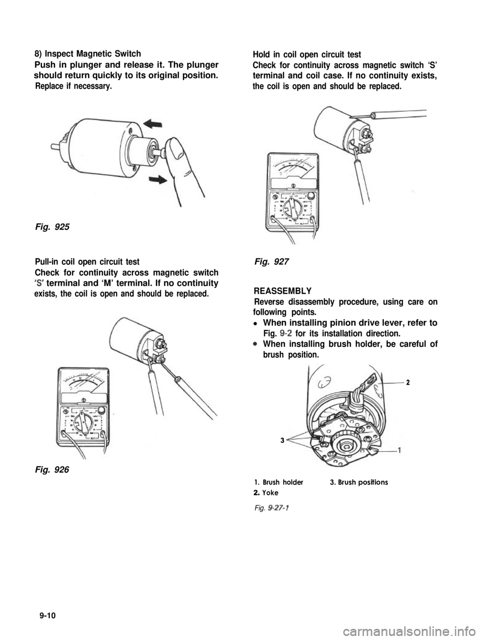 SUZUKI GRAND VITARA 1987  Service Repair Manual 8) Inspect Magnetic SwitchHold in coil open circuit test
Push in plunger and release it. The plungerCheck for continuity across magnetic switch ‘S’
should return quickly to its original position.t