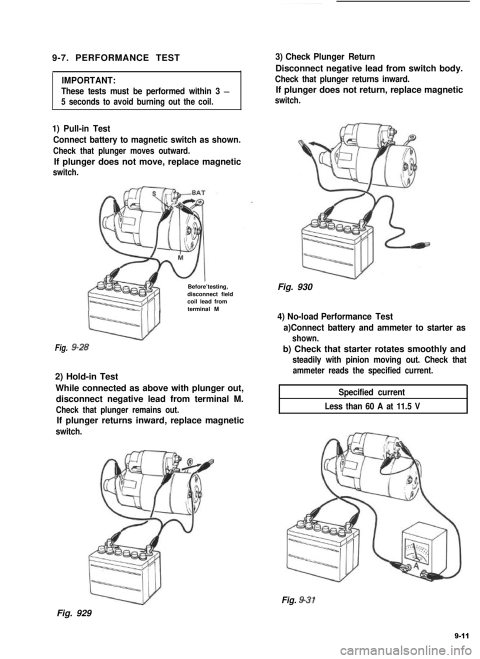 SUZUKI GRAND VITARA 1987  Service Repair Manual 9-7. PERFORMANCE TEST
IMPORTANT:
These tests must be performed within 3 -
5 seconds to avoid burning out the coil.
3) Check Plunger Return
Disconnect negative lead from switch body.
Check that plunger