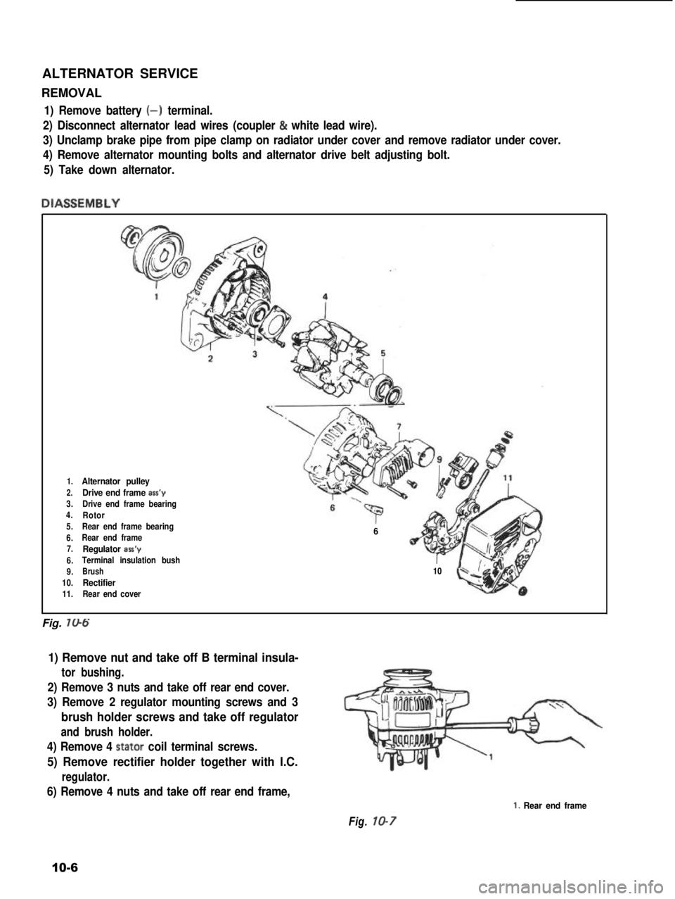 SUZUKI GRAND VITARA 1987  Service Repair Manual ALTERNATOR SERVICE
REMOVAL
1) Remove battery (-) terminal.
2) Disconnect alternator lead wires (coupler & white lead wire).
3) Unclamp brake pipe from pipe clamp on radiator under cover and remove rad