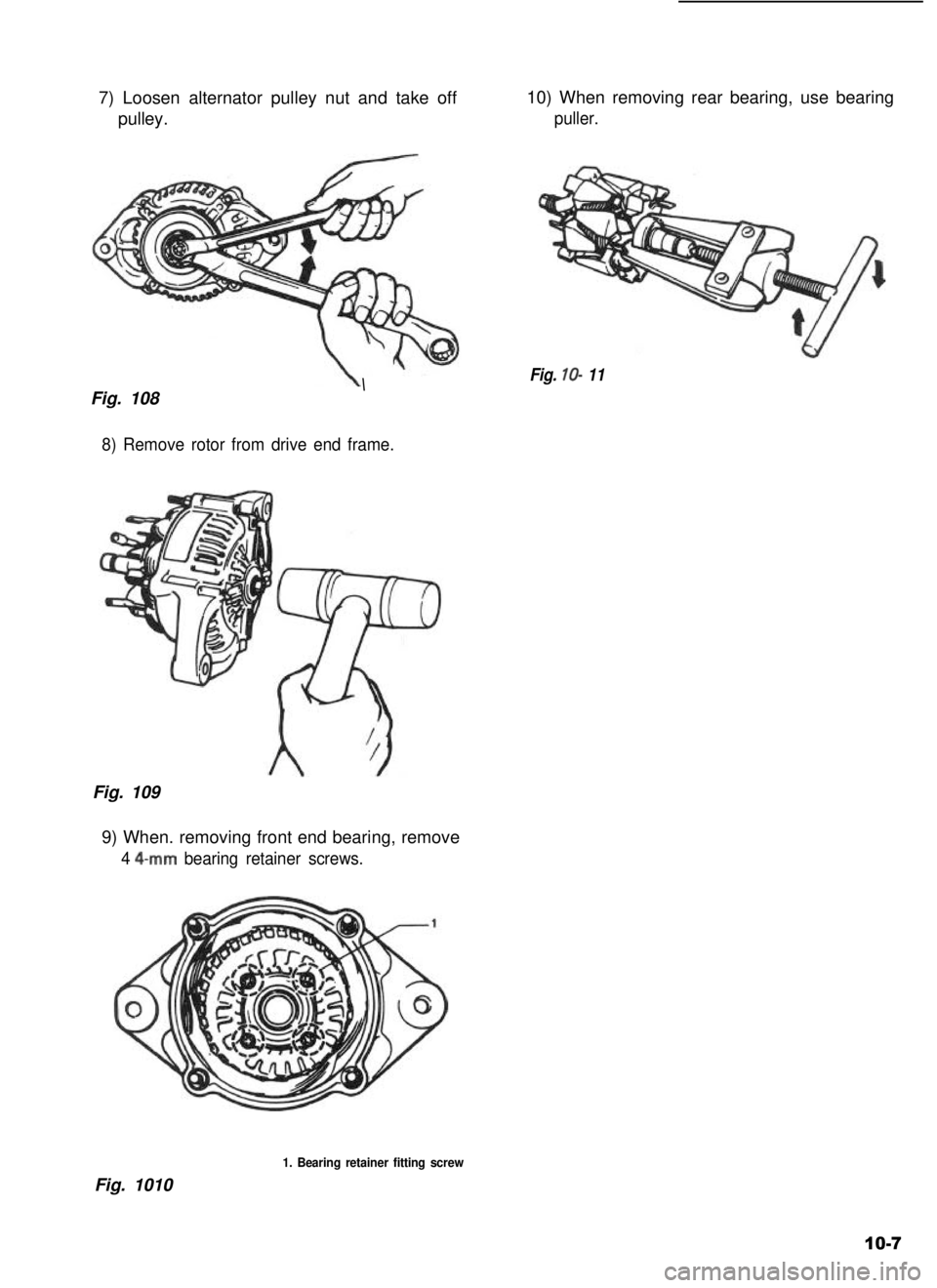 SUZUKI GRAND VITARA 1987  Service Repair Manual 7) Loosen alternator pulley nut and take off
pulley.
10) When removing rear bearing, use bearing
puller.
Fig. 108\Fig. lo- 11
8) Remove rotor from drive end frame.
Fig. 109
9) When. removing front end