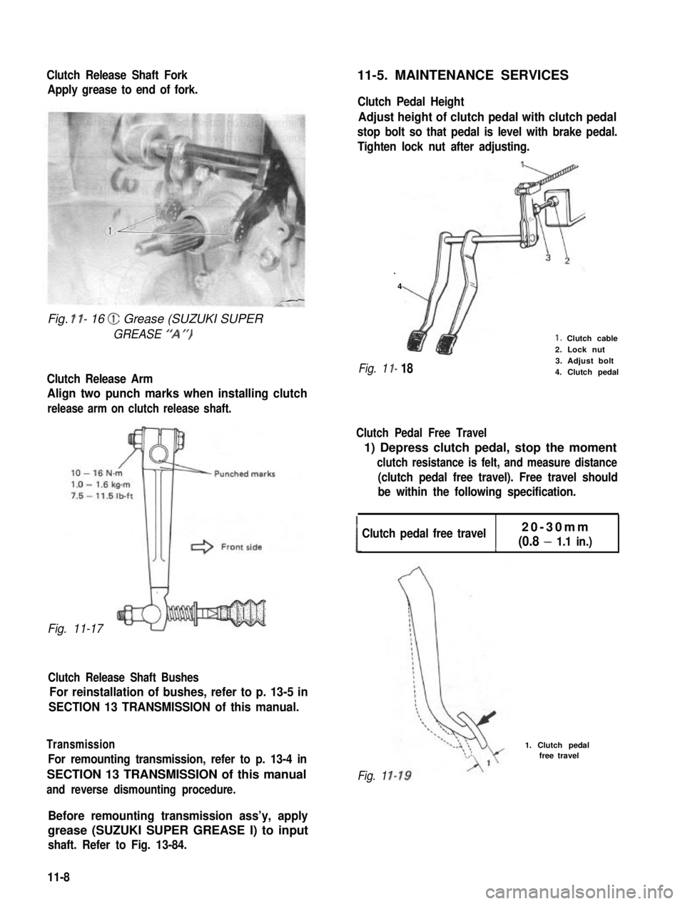 SUZUKI GRAND VITARA 1987  Service Repair Manual Clutch Release Shaft Fork
Apply grease to end of fork.
Fig. I l- 16 @ Grease (SUZUKI SUPER
GREASE “‘A “)
Clutch Release Arm
Align two punch marks when installing clutch
release arm on clutch rel