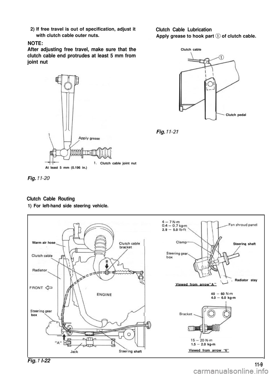 SUZUKI GRAND VITARA 1987  Service Repair Manual 2) If free travel is out of specification, adjust it
with clutch cable outer nuts.
NOTE:
After adjusting free travel, make sure that the
clutch cable end protrudes at least 5 mm from
joint nut
1.Clutc