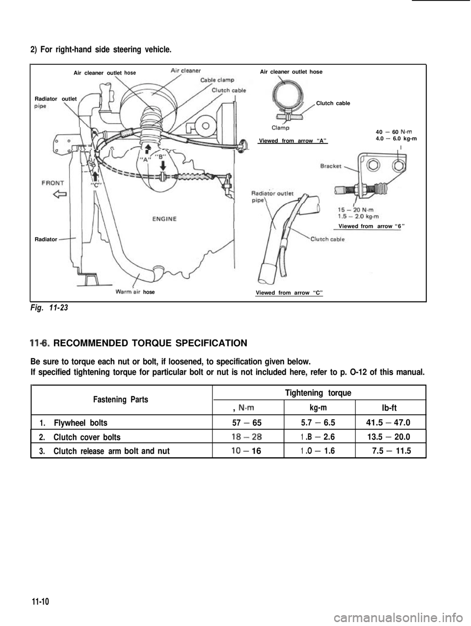 SUZUKI GRAND VITARA 1987  Service Repair Manual 2) For right-hand side steering vehicle.
Air cleaner outlethoseAircleaner
Radiator outlet
Air cleaner outlet hose
Clutch cable
Cla&p
Viewed from arrow “A”
40 - 60 N.m4.0 - 6.0 kg-m
I
Viewedfrom ar