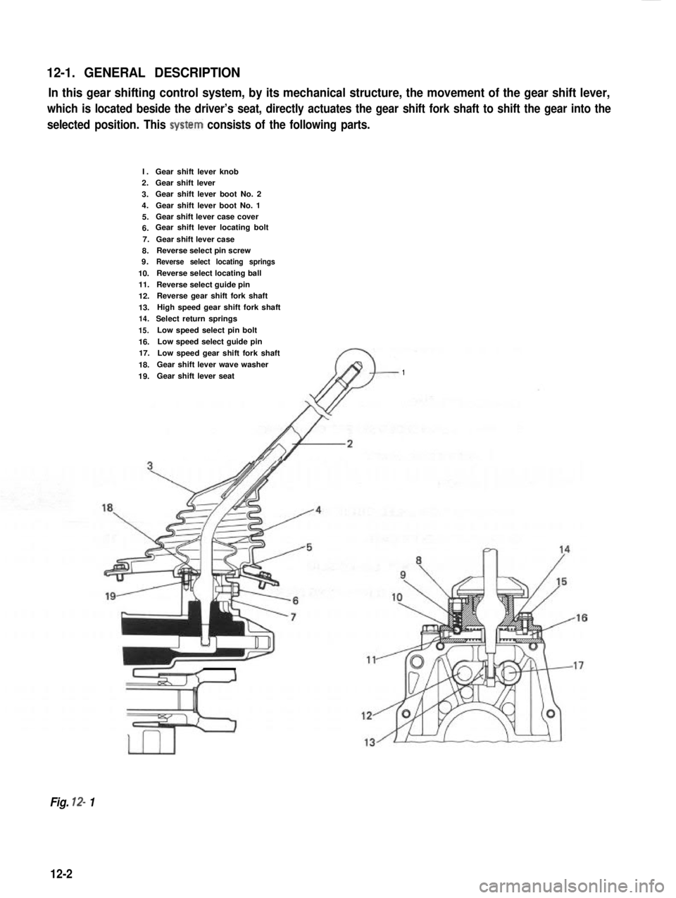 SUZUKI GRAND VITARA 1987  Service Repair Manual 12-1. GENERAL DESCRIPTION
In this gear shifting control system, by its mechanical structure, the movement of the gear shift lever,
which is located beside the driver’s seat, directly actuates the ge