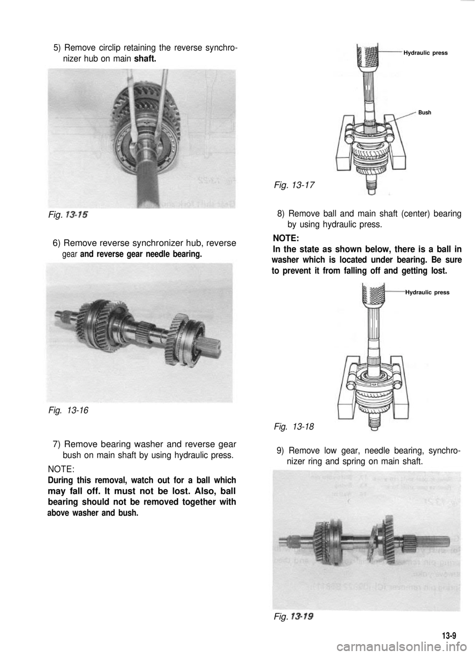 SUZUKI GRAND VITARA 1987  Service Repair Manual 5) Remove circlip retaining the reverse synchro-
nizer hub on main shaft.
Fig. 13-15
6) Remove reverse synchronizer hub, reverse
gear and reverse gear needle bearing.
Hydraulic press
Bush
Fig. 13-17
8