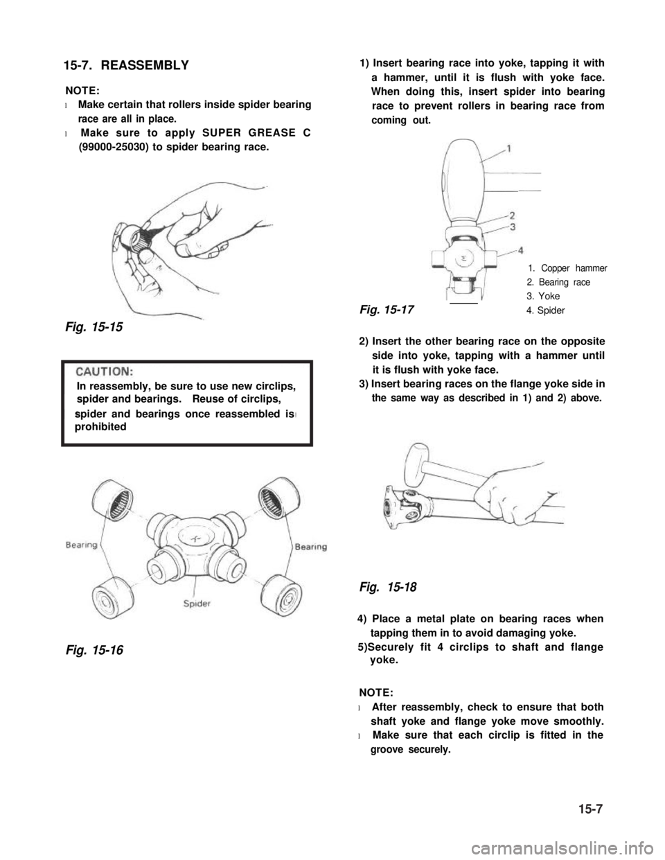 SUZUKI GRAND VITARA 1987 Service Repair Manual 15-7. REASSEMBLY
NOTE:
l Make certain that rollers inside spider bearing
race are all in place.
l Make sure to apply SUPER GREASE C
(99000-25030) to spider bearing race.
Fig. 15-15
In reassembly, be s SUZUKI GRAND VITARA 1987 Service Repair Manual 15-7. REASSEMBLY
NOTE:
l Make certain that rollers inside spider bearing
race are all in place.
l Make sure to apply SUPER GREASE C
(99000-25030) to spider bearing race.
Fig. 15-15
In reassembly, be s