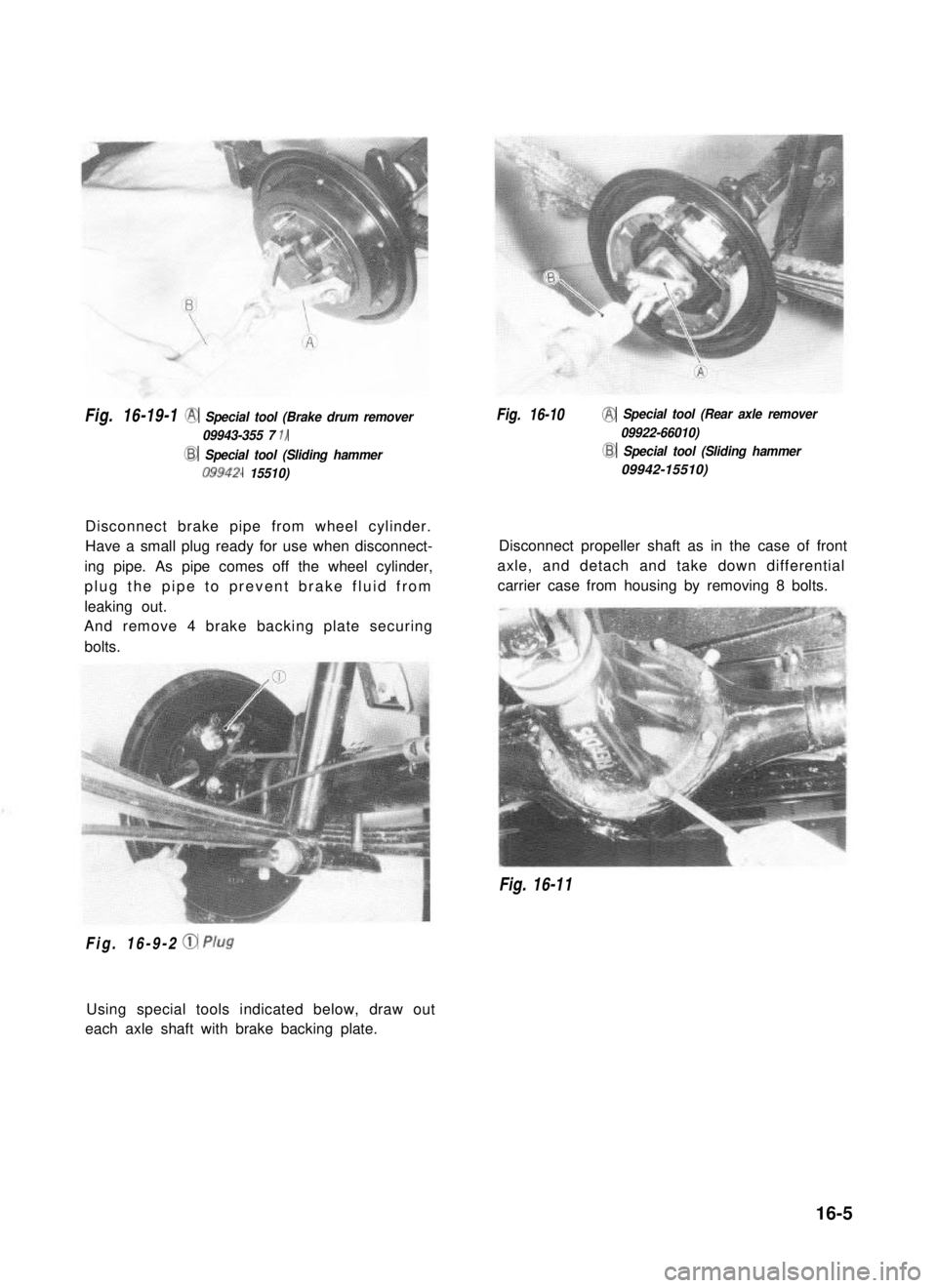 SUZUKI GRAND VITARA 1987  Service Repair Manual Fig. 16-19-1  @ Special tool (Brake drum remover
09943-355 7 1)
Fig. 16-10  @ Special tool (Rear axle remover
09922-66010)  
@ Special tool (Sliding hammer@ Special tool (Sliding hammer
09942- 15510)0