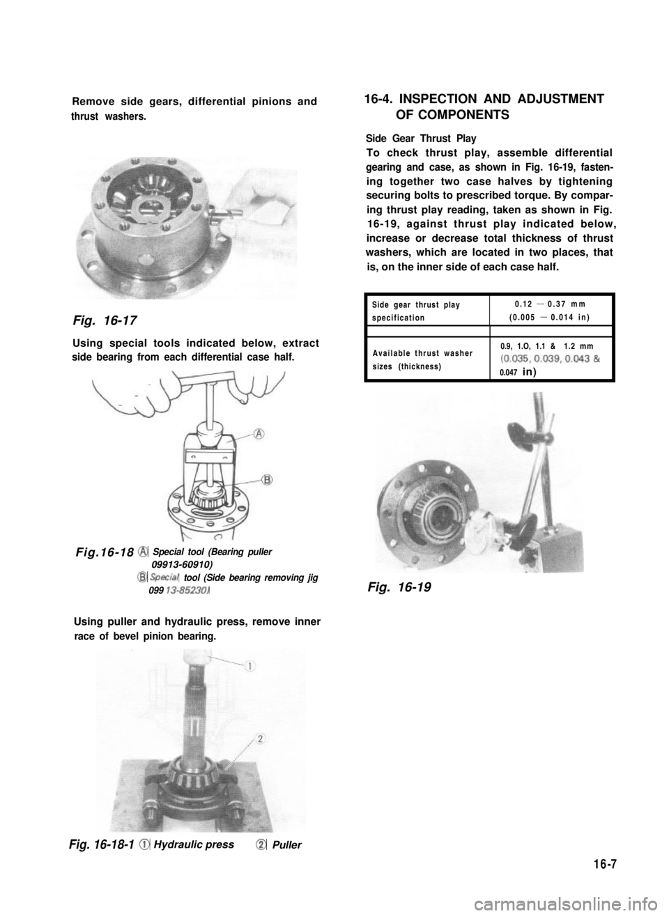 SUZUKI GRAND VITARA 1987  Service Repair Manual Remove side gears, differential pinions and
thrust washers.
Fig. 16-17
Using special tools indicated below, extract
side bearing from each differential case half.
  Fig.16-18@ Special tool (Bearing pu