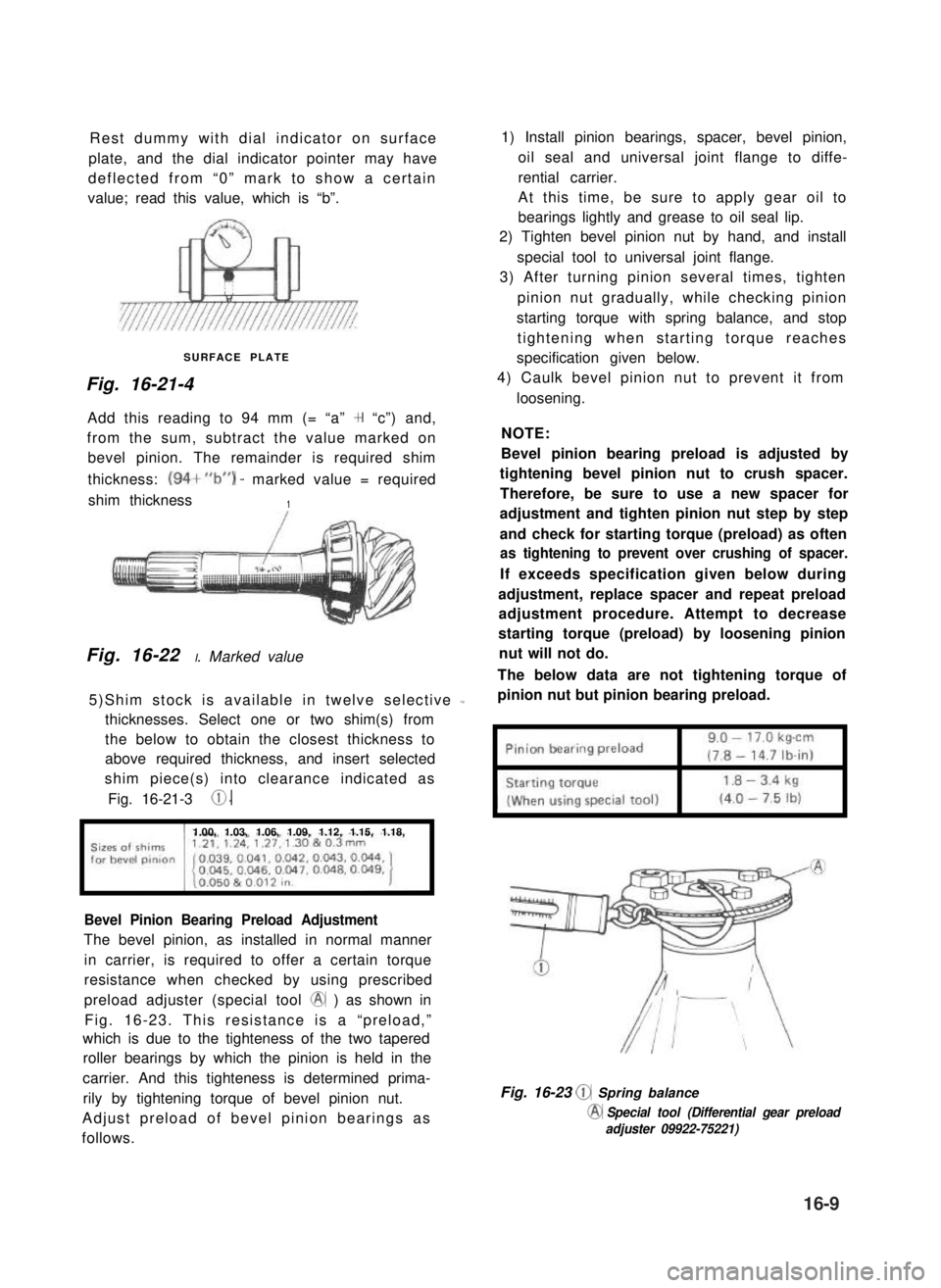 SUZUKI GRAND VITARA 1987  Service Repair Manual Rest dummy with dial indicator on surface
plate, and the dial indicator pointer may have
deflected from “0” mark to show a certain
value; read this value, which is “b”.
SURFACE PLATE
Fig. 16-2
