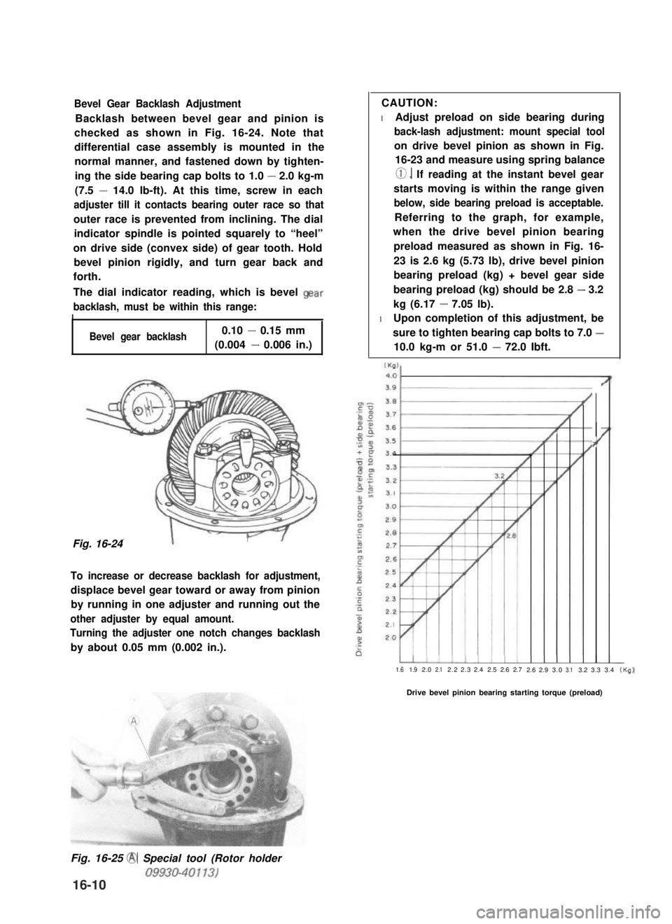 SUZUKI GRAND VITARA 1987  Service Repair Manual Bevel Gear Backlash Adjustment
Backlash between bevel gear and pinion is
checked as shown in Fig. 16-24. Note that
differential case assembly is mounted in the
normal manner, and fastened down by tigh