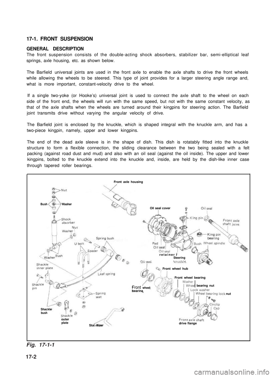 SUZUKI GRAND VITARA 1987  Service Repair Manual 17-1. FRONT SUSPENSION
GENERAL DESCRIPTION
The front suspension consists of the double-acting shock absorbers, stabilizer bar, semi-elliptical leaf
springs, axle housing, etc. as shown below.
The Barf