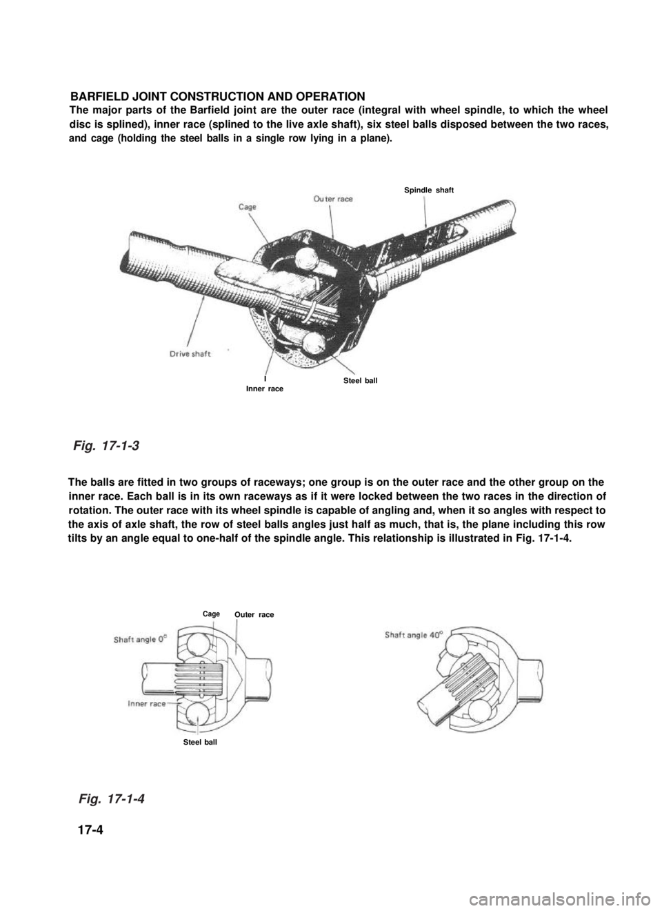 SUZUKI GRAND VITARA 1987  Service Repair Manual  BARFIELD JOINT CONSTRUCTION AND OPERATION
The major parts of the Barfield joint are the outer race (integral with wheel spindle, to which the wheel
disc is splined), inner race (splined to the live a