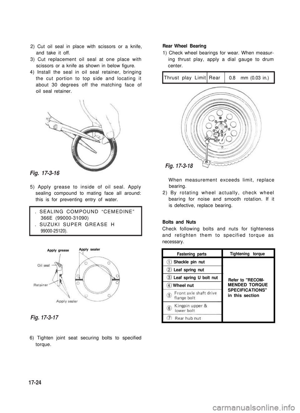 SUZUKI GRAND VITARA 1987 Service Repair Manual 2) Cut oil seal in place with scissors or a knife,
and take it off.
3) Cut replacement oil seal at one place with
scissors or a knife as shown in below figure.
4) Install the seal in oil seal retainer SUZUKI GRAND VITARA 1987 Service Repair Manual 2) Cut oil seal in place with scissors or a knife,
and take it off.
3) Cut replacement oil seal at one place with
scissors or a knife as shown in below figure.
4) Install the seal in oil seal retainer