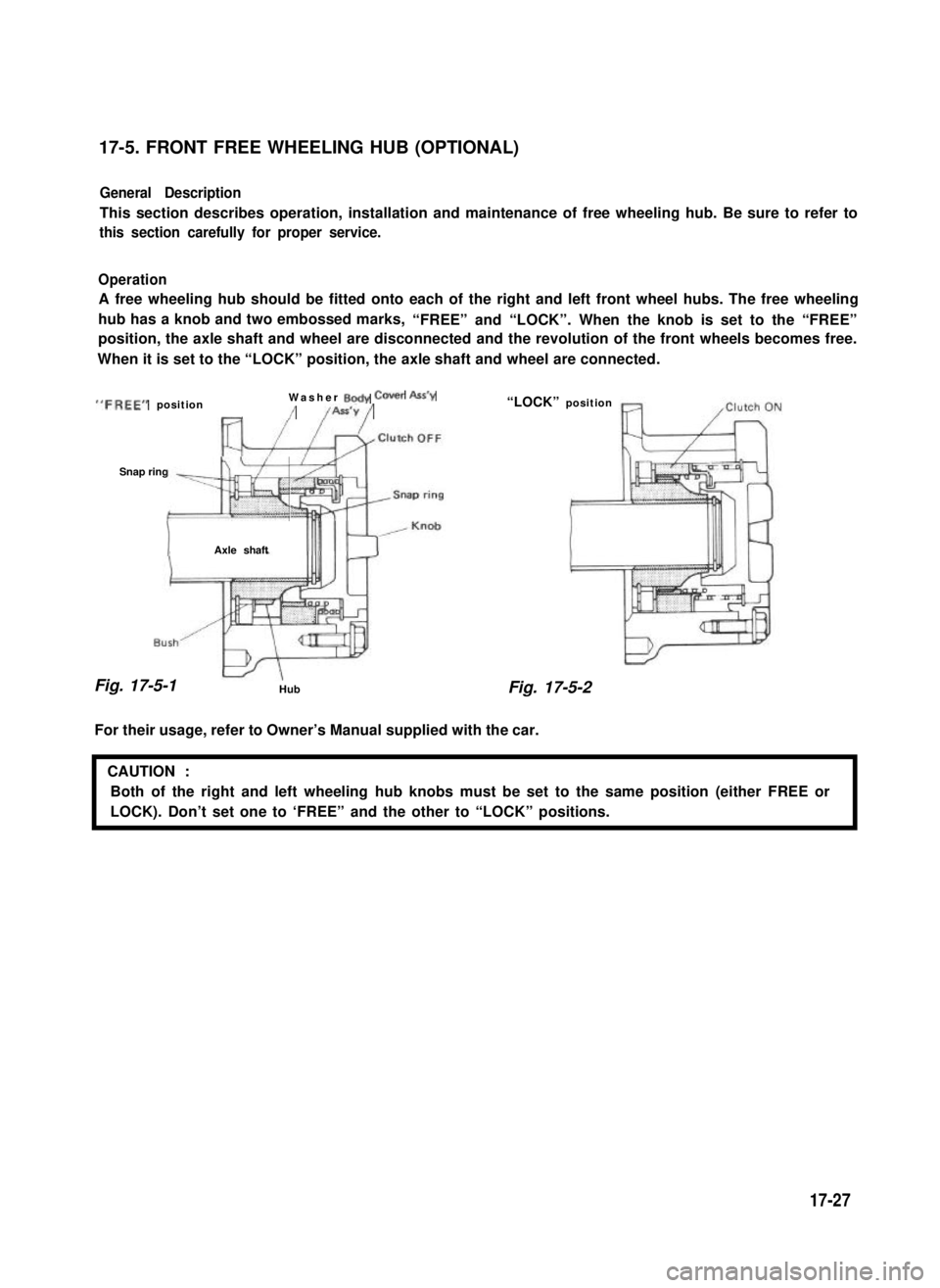 SUZUKI GRAND VITARA 1987  Service Repair Manual 17-5. FRONT FREE WHEELING HUB (OPTIONAL)
General Description
This section describes operation, installation and maintenance of free wheeling hub. Be sure to refer to
this section carefully for proper 