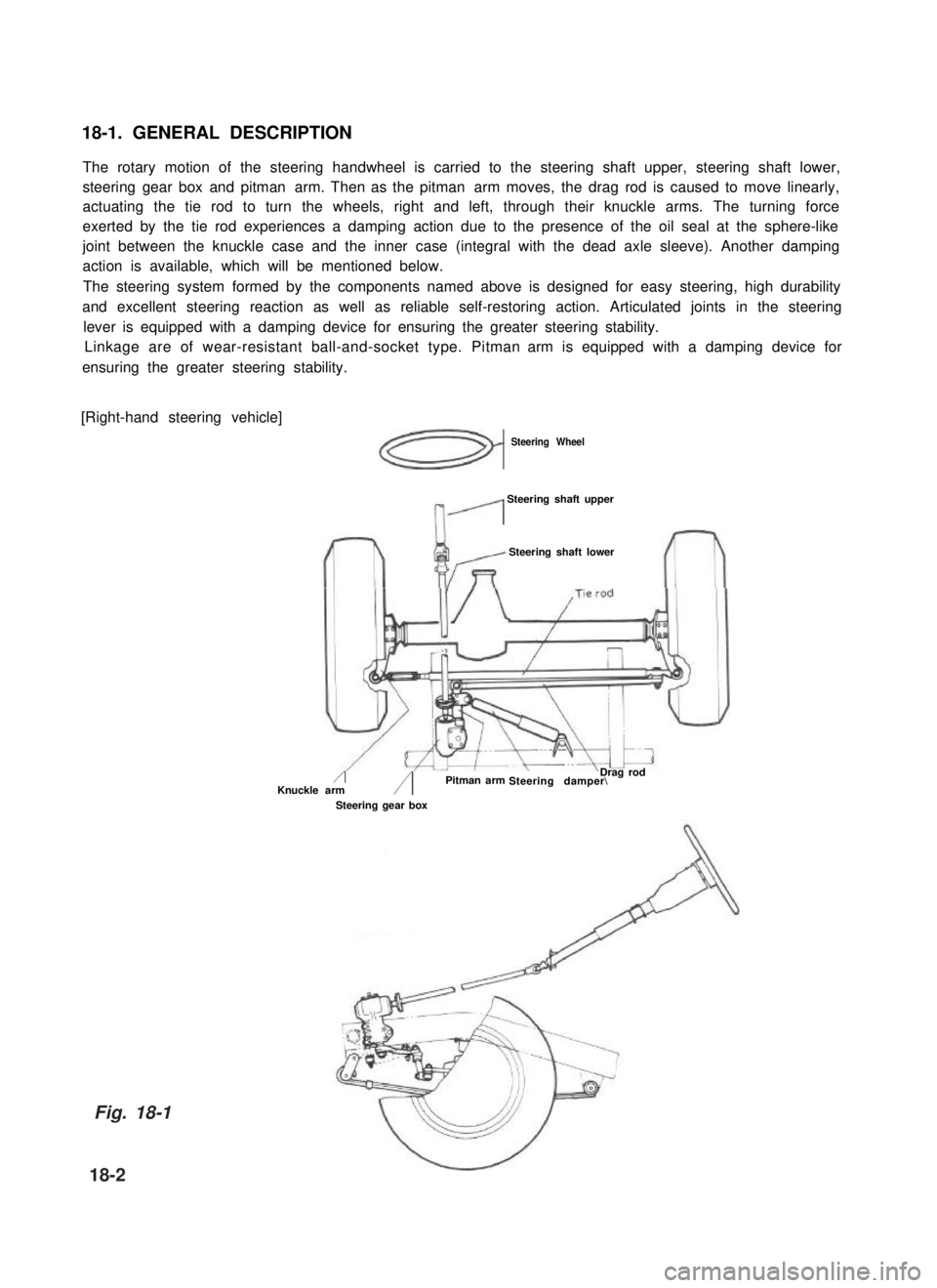 SUZUKI GRAND VITARA 1987  Service Repair Manual 18-1. GENERAL DESCRIPTION
The rotary motion of the steering handwheel is carried to the steering shaft upper, steering shaft lower,
steering gear box and pitman  arm. Then as the pitman  arm moves, th