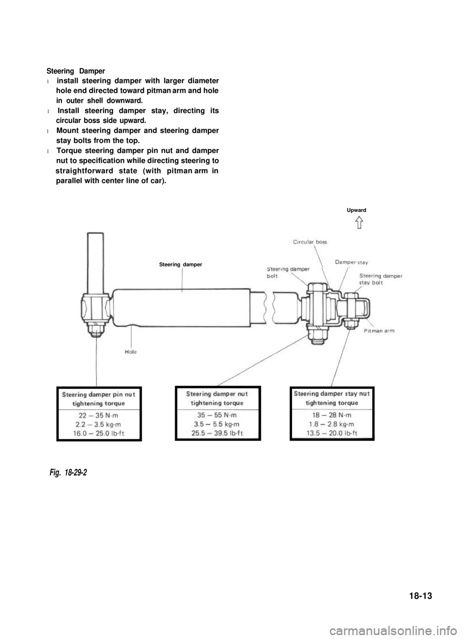 SUZUKI GRAND VITARA 1987  Service Repair Manual Steering Damper
l install steering damper with larger diameter
hole end directed toward pitman  arm and hole
in outer shell downward.
l Install steering damper stay, directing its
circular boss side u