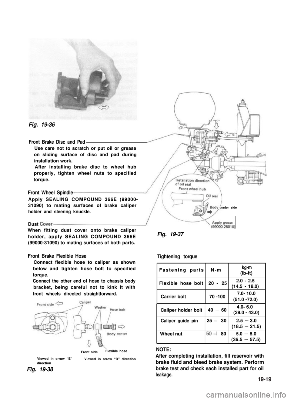 SUZUKI GRAND VITARA 1987  Service Repair Manual Fig. 19-36
Front Brake Disc and Pad
Use care not to scratch or put oil or grease
on sliding surface of disc and pad during
installation work.
After installing brake disc to wheel hub
properly, tighten