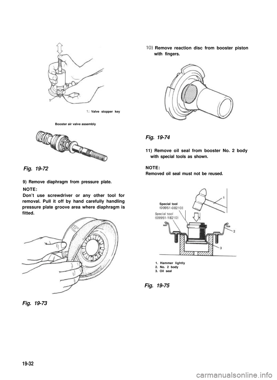 SUZUKI GRAND VITARA 1987  Service Repair Manual 1. Valve stopper key
Booster air valve assembly
Fig. 19-72
10) Remove reaction disc from booster piston
with fingers.
Fig. 19-74
11) Remove oil seal from booster No. 2 body
with special tools as shown