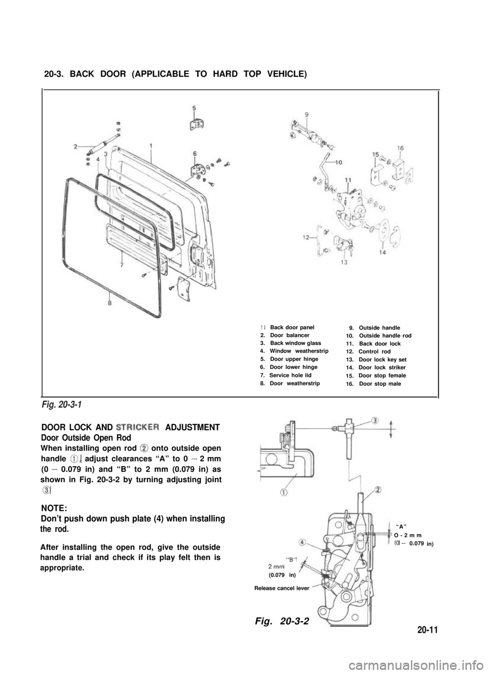 SUZUKI GRAND VITARA 1987  Service Repair Manual 20-3. BACK DOOR (APPLICABLE TO HARD TOP VEHICLE)
1.Back door panel9.Outside handle2.Door balancer 10.Outside handle rod3.Back window glass11.Back door lock4.Window weatherstrip12.Control rod5.Door upp