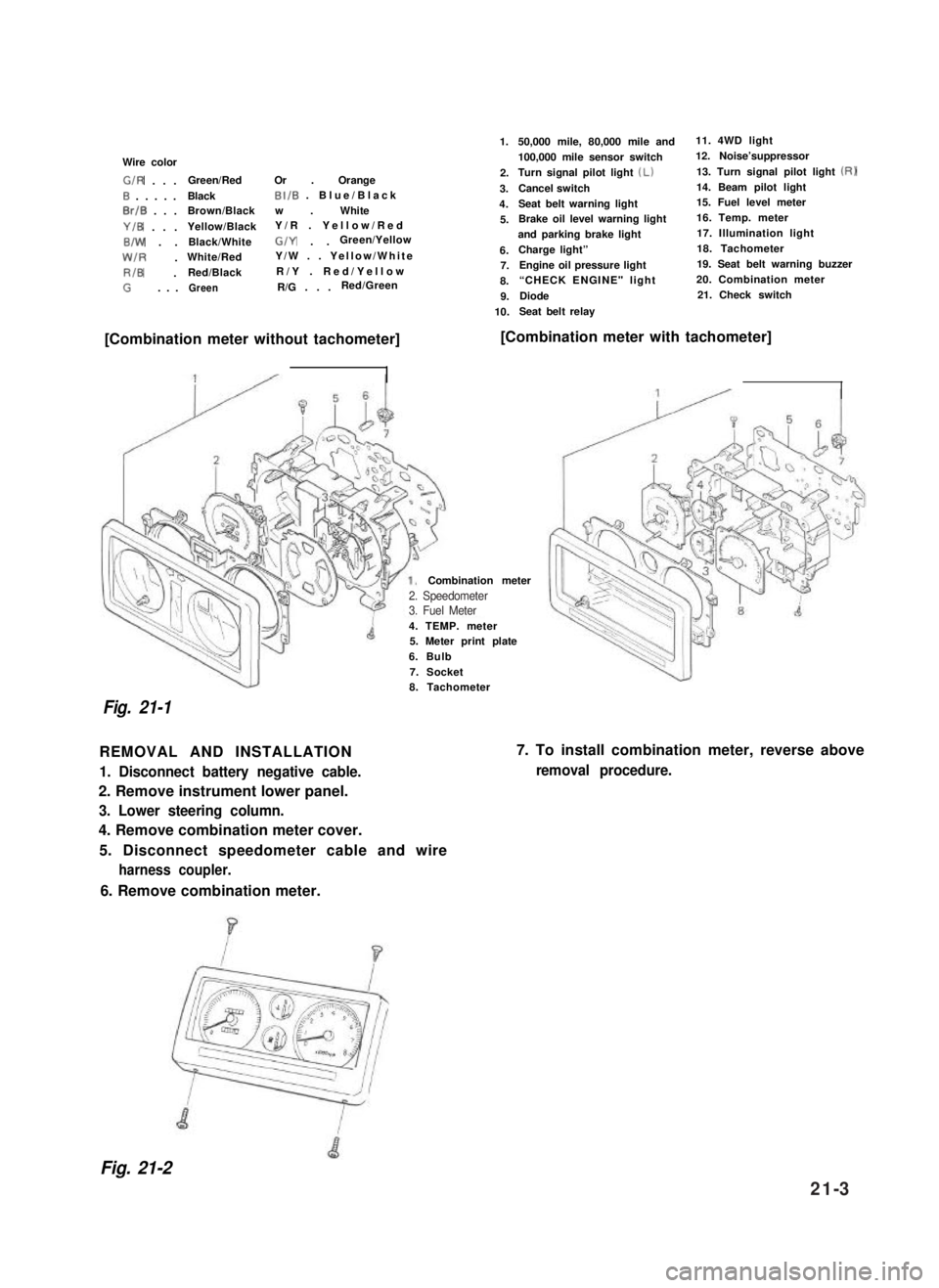 SUZUKI GRAND VITARA 1987  Service Repair Manual Wire color
G/R . . .Green/RedOr . Orange
0 . . . . .BlackBI/B . Blue/Black
0rlB . . .Brown/Blackw . White
Y/B . . .Yellow/BlackY/R . Yellow/Red
B/W . .Black/WhiteG/Y . .Green/Yellow
W/R .White/RedY/W 