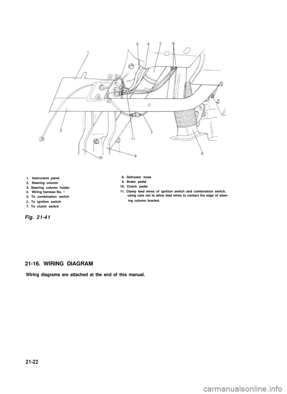 SUZUKI GRAND VITARA 1987  Service Repair Manual 1.Instrument panel
2.Steering column
3. Steering column holder4.Wiring harness No.1
5. To combination switch
6. To ignition switch
7. To clutch switch
8. Defroster hose9. Brake pedal
10. Clutch pedal
