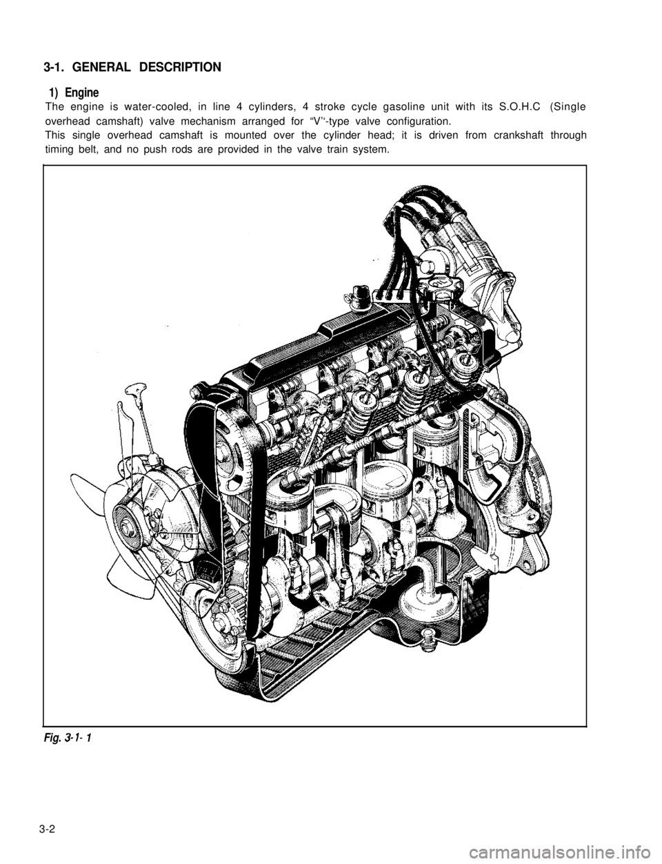 SUZUKI GRAND VITARA 1987  Service Repair Manual 3-1. GENERAL DESCRIPTION
1) Engine
The engine is water-cooled, in line 4 cylinders, 4 stroke cycle gasoline unit with its S.O.H.C  (Single
overhead camshaft) valve mechanism arranged for “V’‘-ty