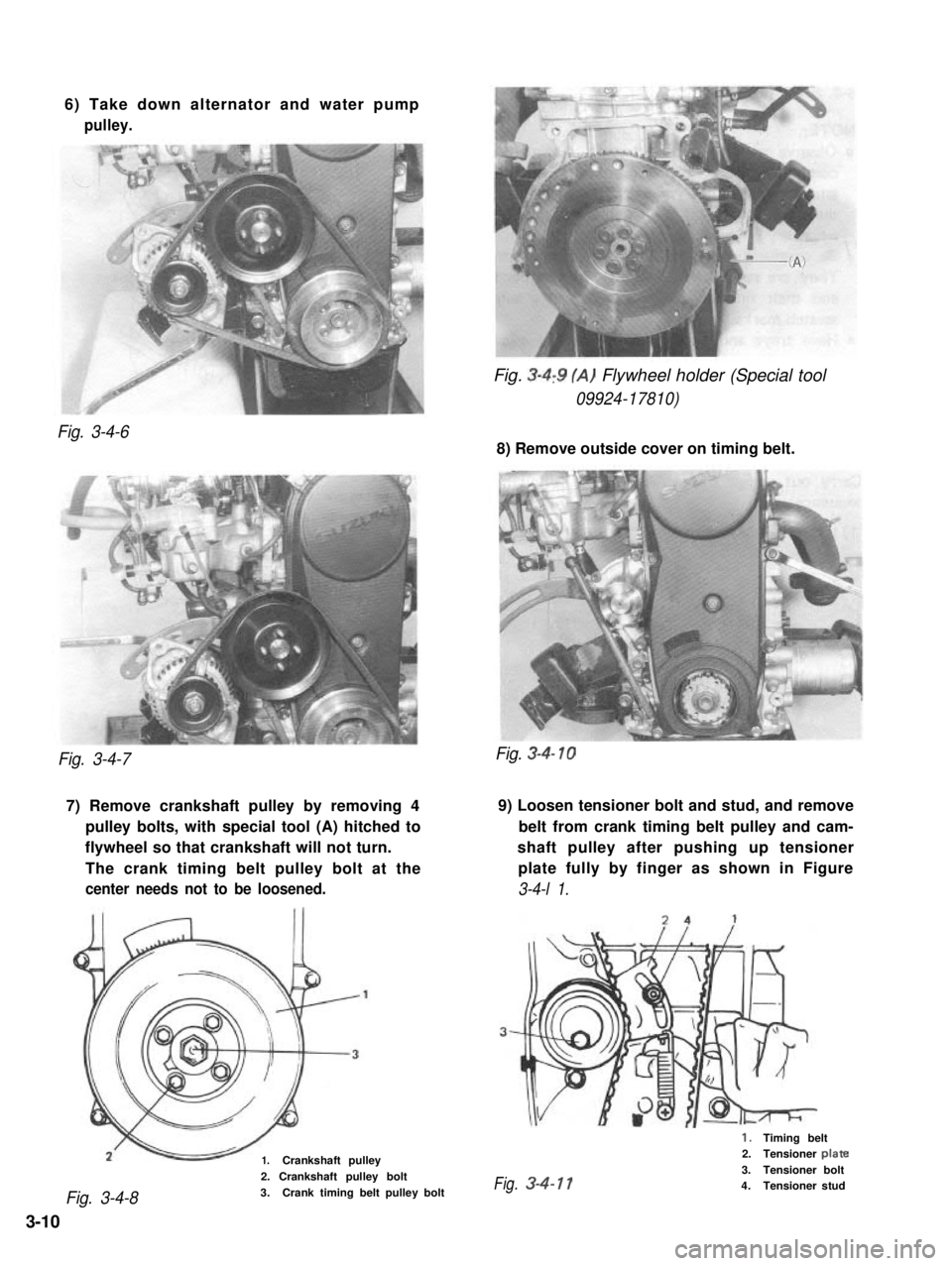 SUZUKI GRAND VITARA 1987  Service Repair Manual 6) Take down alternator and water pump
pulley.
Fig. 3-4,9 (A) Flywheel holder (Special tool
09924-17810)
Fig. 3-4-6
8) Remove outside cover on timing belt.
Fig. 3-4-7
7) Remove crankshaft pulley by re