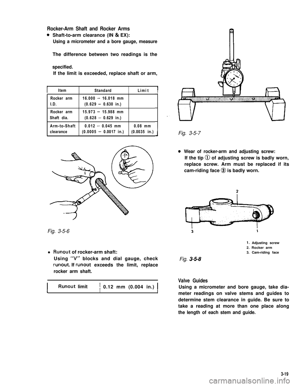 SUZUKI GRAND VITARA 1987 Service Repair Manual Rocker-Arm Shaft and Rocker Arms
0Shaft-to-arm clearance (IN & EX):
Using a micrometer and a bore gauge, measure
The difference between two readings is the
specified.
If the limit is exceeded, replace SUZUKI GRAND VITARA 1987 Service Repair Manual Rocker-Arm Shaft and Rocker Arms
0Shaft-to-arm clearance (IN & EX):
Using a micrometer and a bore gauge, measure
The difference between two readings is the
specified.
If the limit is exceeded, replace