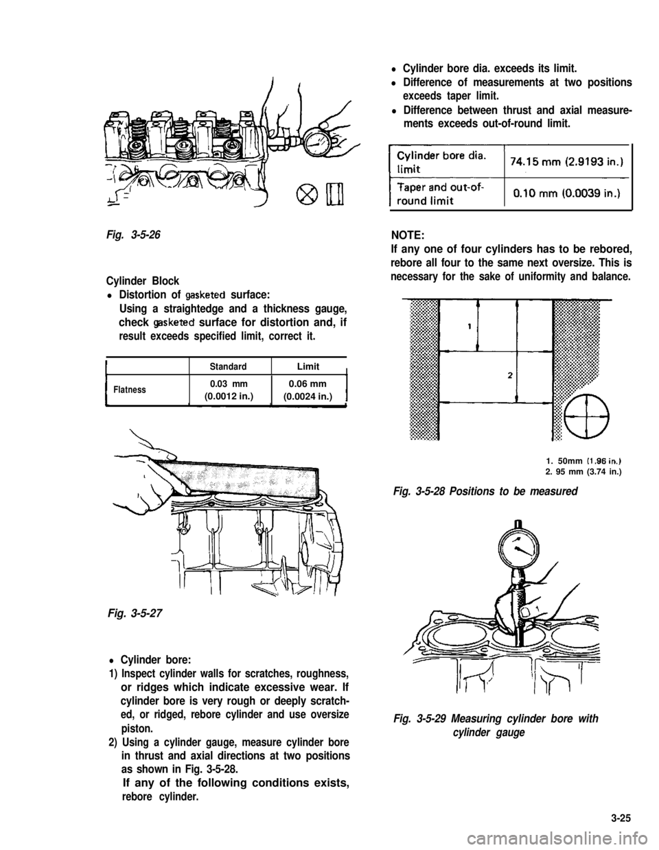 SUZUKI GRAND VITARA 1987 Service Repair Manual Fig. 3-5-26
Cylinder Block
l Distortion of gasketed surface:
Using a straightedge and a thickness gauge,
check gasketed surface for distortion and, if
result exceeds specified limit, correct it.
Stand SUZUKI GRAND VITARA 1987 Service Repair Manual Fig. 3-5-26
Cylinder Block
l Distortion of gasketed surface:
Using a straightedge and a thickness gauge,
check gasketed surface for distortion and, if
result exceeds specified limit, correct it.
Stand