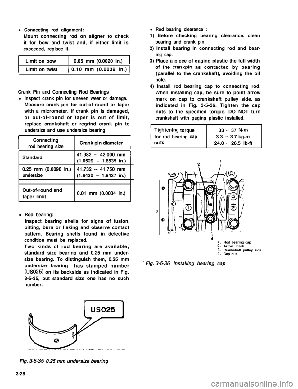 SUZUKI GRAND VITARA 1987 Service Repair Manual l Connecting rod alignment:
Mount connecting rod on aligner to check
it for bow and twist and, if either limit is
exceeded, replace it.
Limit on bow0.05 mm (0.0020 in.)
ILimit on twist) 0.10 mm (0.003 SUZUKI GRAND VITARA 1987 Service Repair Manual l Connecting rod alignment:
Mount connecting rod on aligner to check
it for bow and twist and, if either limit is
exceeded, replace it.
Limit on bow0.05 mm (0.0020 in.)
ILimit on twist) 0.10 mm (0.003