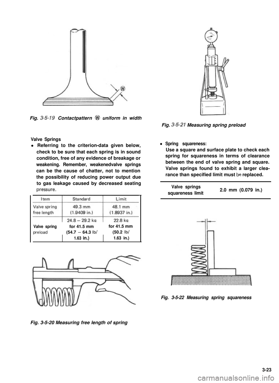 SUZUKI GRAND VITARA 1987  Service Repair Manual Fig. 3-5-19 Contactpattern @ uniform in width
Valve Springs
l Referring to the criterion-data given below,
check to be sure that each spring is in sound
condition, free of any evidence of breakage or
