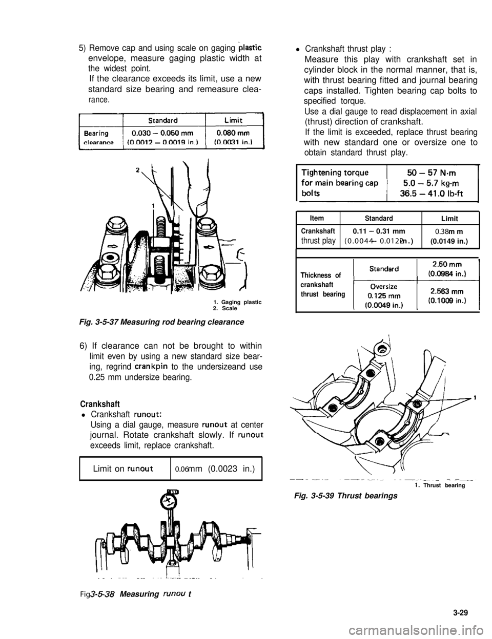 SUZUKI GRAND VITARA 1987 Service Repair Manual c5) Remove cap and using scale on gaging bIastic
envelope, measure gaging plastic width at
the widest point.
If the clearance exceeds its limit, use a new
standard size bearing and remeasure clea-
ran SUZUKI GRAND VITARA 1987 Service Repair Manual c5) Remove cap and using scale on gaging bIastic
envelope, measure gaging plastic width at
the widest point.
If the clearance exceeds its limit, use a new
standard size bearing and remeasure clea-
ran