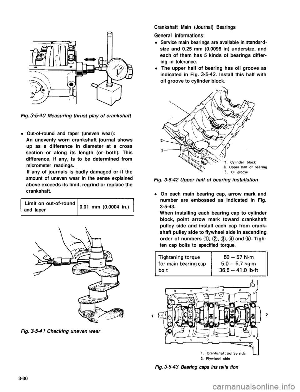 SUZUKI GRAND VITARA 1987 Service Repair Manual Crankshaft Main (Journal) Bearings
General informations:
l Service main bearings are available in standard-
size and 0.25 mm (0.0098 in) undersize, and
each of them has 5 kinds of bearings differ-
ing SUZUKI GRAND VITARA 1987 Service Repair Manual Crankshaft Main (Journal) Bearings
General informations:
l Service main bearings are available in standard-
size and 0.25 mm (0.0098 in) undersize, and
each of them has 5 kinds of bearings differ-
ing