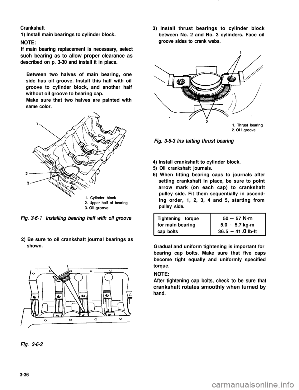 SUZUKI GRAND VITARA 1987 Service Repair Manual Crankshaft
1) Install main bearings to cylinder block.
NOTE:
If main bearing replacement is necessary, select
such bearing as to allow proper clearance as
described on p. 3-30 and install it in place. SUZUKI GRAND VITARA 1987 Service Repair Manual Crankshaft
1) Install main bearings to cylinder block.
NOTE:
If main bearing replacement is necessary, select
such bearing as to allow proper clearance as
described on p. 3-30 and install it in place.