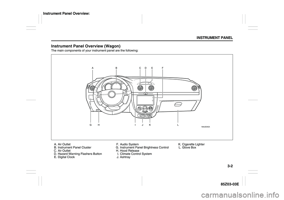 SUZUKI FORENZA 2007  Owners Manual 3-2 INSTRUMENT PANEL
85Z03-03E
Instrument Panel Overview (Wagon)The main components of your instrument panel are the following:
A. Air Outlet
B. Instrument Panel Cluster
C. Air Outlet
D. Hazard Warnin