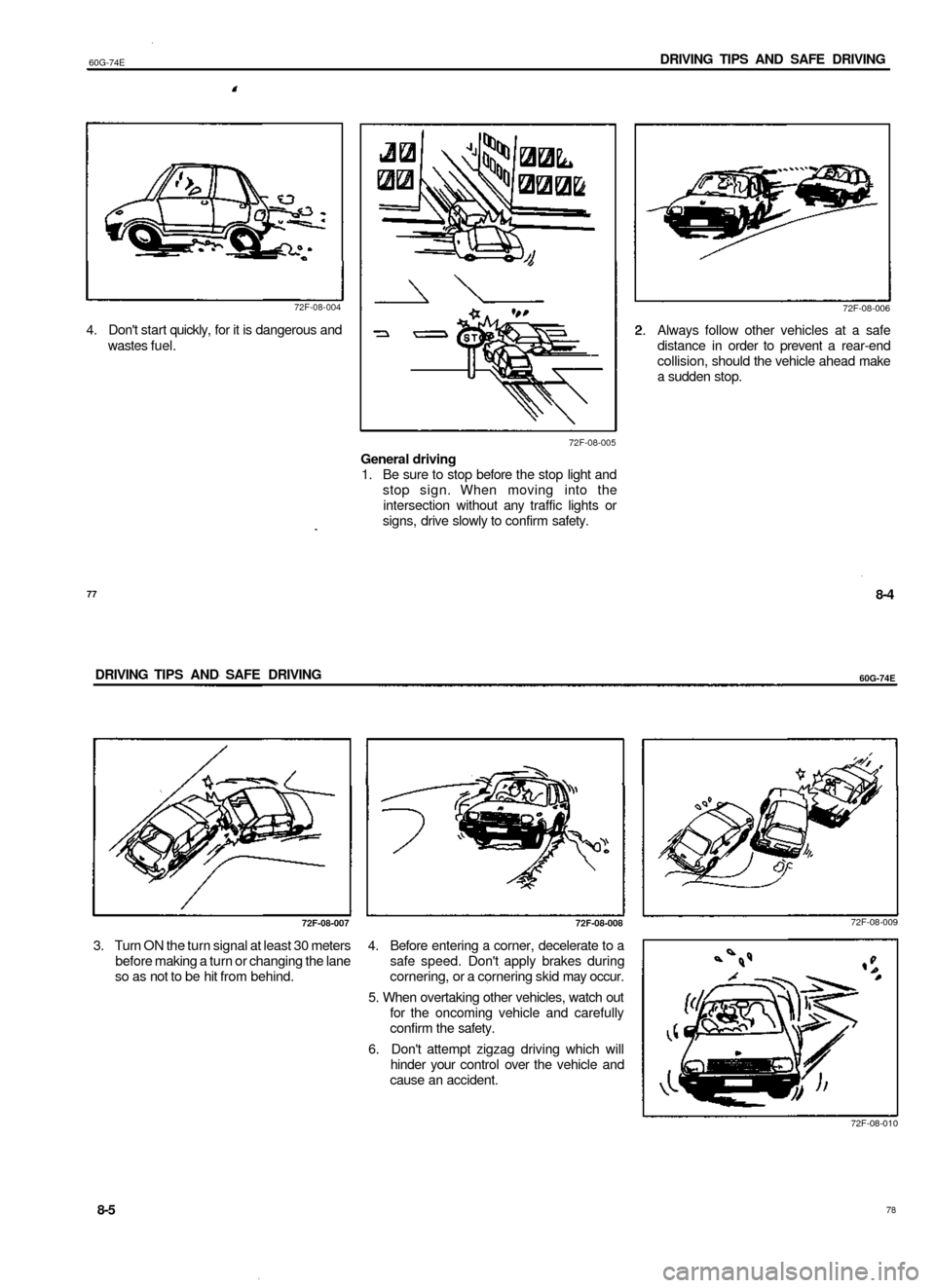 SUZUKI BALENO 1999 1.G Owners Manual
60G-74E
DRIVING TIPS AND SAFE DRIVING
72F-08-004
4. Dont start quickly, for it is dangerous and
wastes fuel.
72F-08-006
72F-08-005
General driving
1. Be sure to stop before the stop light an SUZUKI BALENO 1999 1.G Owners Manual
60G-74E
DRIVING TIPS AND SAFE DRIVING
72F-08-004
4. Dont start quickly, for it is dangerous and
wastes fuel.
72F-08-006
72F-08-005
General driving
1. Be sure to stop before the stop light an