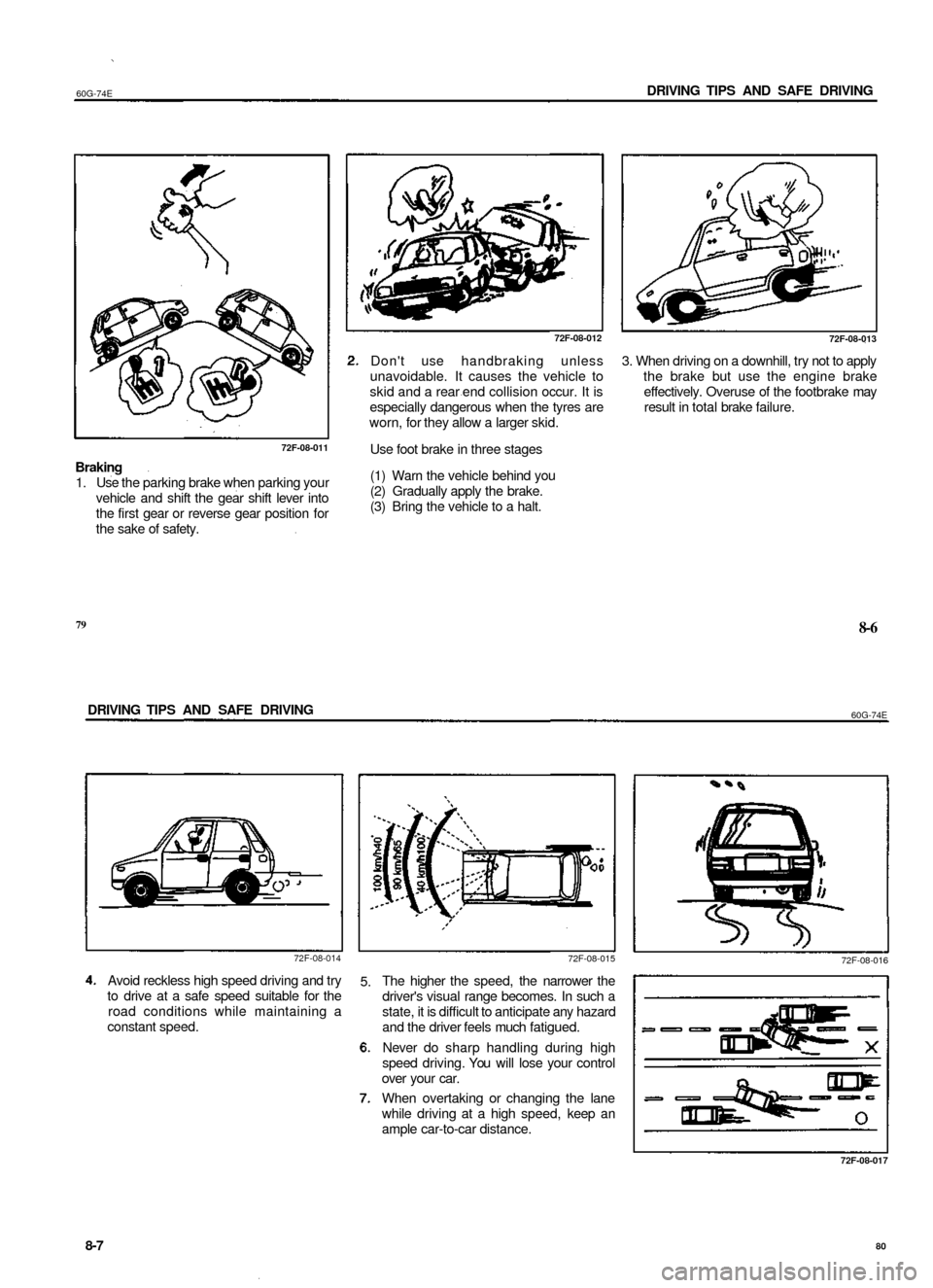SUZUKI BALENO 1999 1.G Owners Manual
60G-74E
DRIVING TIPS AND SAFE DRIVING
72F-08-011
Braking
1. Use the parking brake when parking your
vehicle and shift the gear shift lever into
the first gear or reverse gear position for
the SUZUKI BALENO 1999 1.G Owners Manual
60G-74E
DRIVING TIPS AND SAFE DRIVING
72F-08-011
Braking
1. Use the parking brake when parking your
vehicle and shift the gear shift lever into
the first gear or reverse gear position for
the