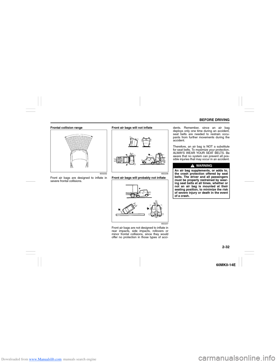SUZUKI ERTIGA 2013 1.G Owners Manual Downloaded from www.Manualslib.com manuals search engine 2-32
BEFORE DRIVING
60MK0-14E
Frontal collision range
60G032
Front air bags are designed to inflate in
severe frontal collisions.Front air bags