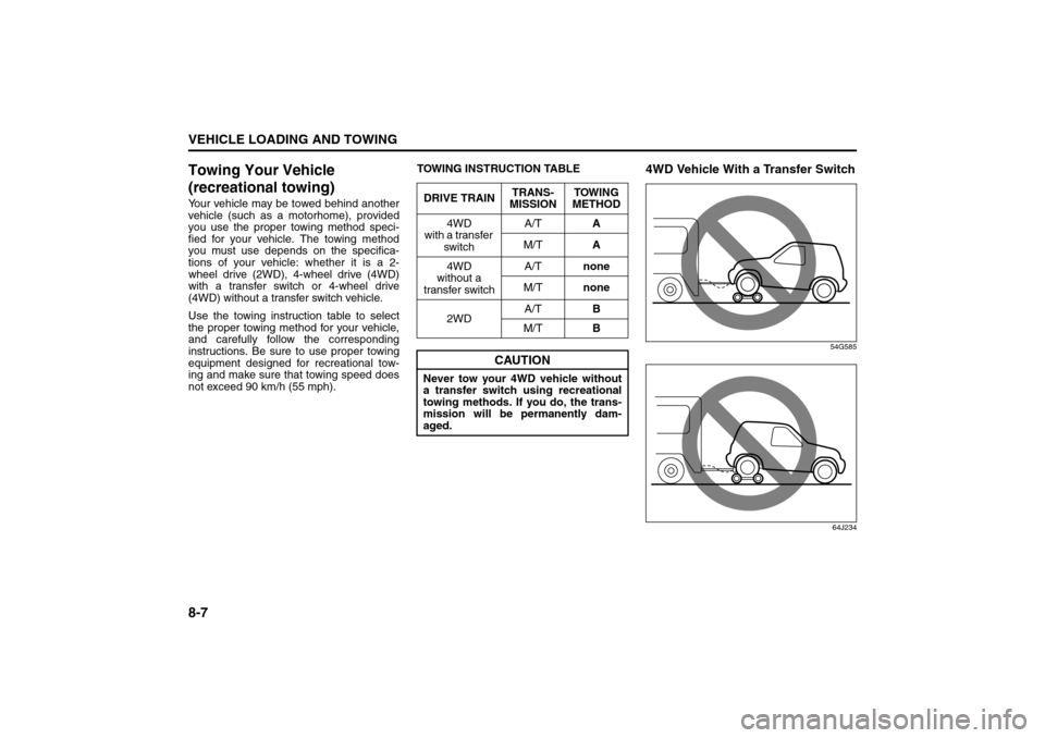 SUZUKI GRAND VITARA 2008 3.G Owners Manual 8-7VEHICLE LOADING AND TOWING
66J22-03E
Towing Your Vehicle 
(recreational towing)Your vehicle may be towed behind another
vehicle (such as a motorhome), provided
you use the proper towing method spec