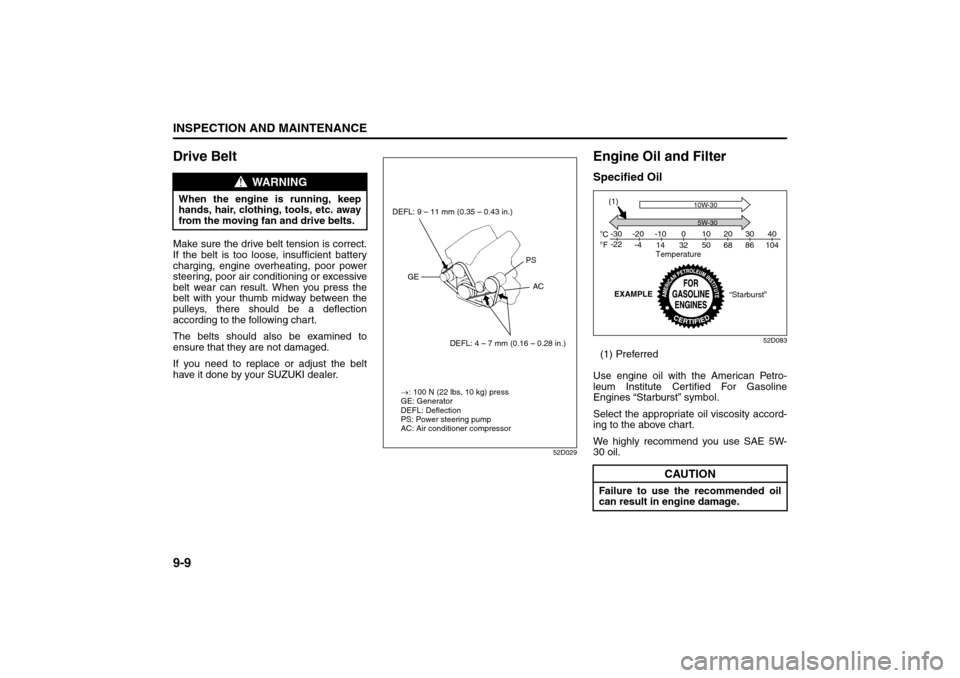 SUZUKI GRAND VITARA 2008 3.G Owners Manual 9-9INSPECTION AND MAINTENANCE
66J22-03E
Drive BeltMake sure the drive belt tension is correct.
If the belt is too loose, insufficient battery
charging, engine overheating, poor power
steering, poor ai