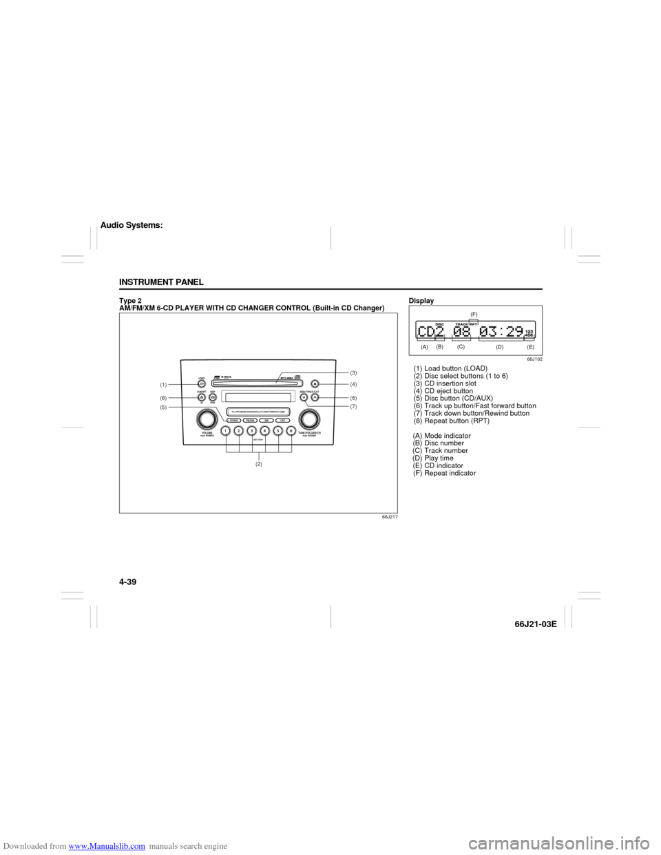 SUZUKI GRAND VITARA 2007 3.G Owners Manual Downloaded from www.Manualslib.com manuals search engine 4-39 INSTRUMENT PANEL
66J21-03E
Type 2 
AM/FM/XM 6-CD PLAYER WITH CD CHANGER CONTROL (Built-in CD Changer)
66J217
(2)
(5)(1)(8)
(6)(4) (3)
(7)
