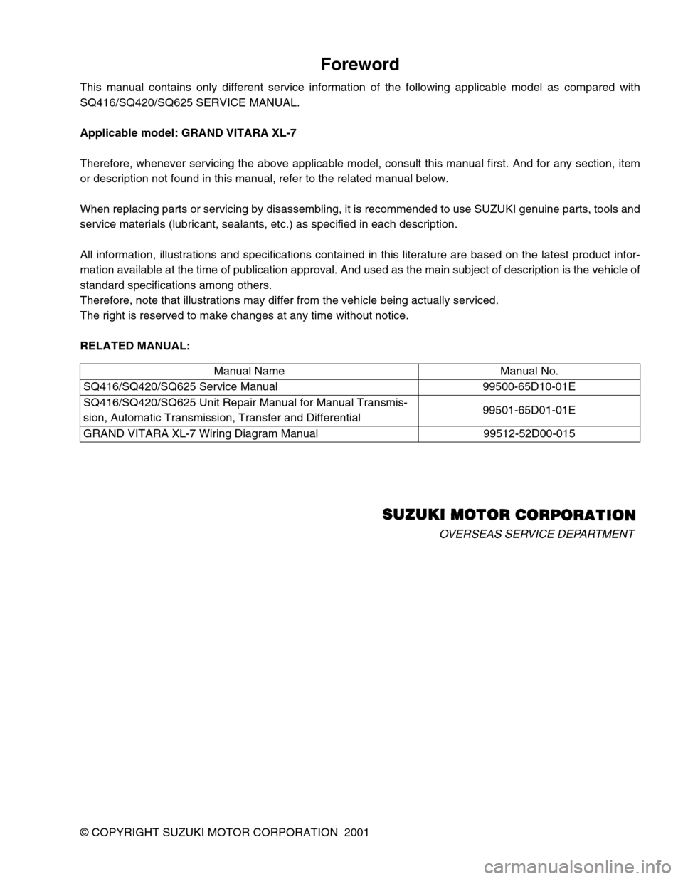 SUZUKI GRAND VITARA 1999 2.G Owners Manual Foreword
This manual contains only different service information of the following applicable model as compared with
SQ416/SQ420/SQ625 SERVICE MANUAL.
Applicable model: GRAND VITARA XL-7
Therefore, whe SUZUKI GRAND VITARA 1999 2.G Owners Manual Foreword
This manual contains only different service information of the following applicable model as compared with
SQ416/SQ420/SQ625 SERVICE MANUAL.
Applicable model: GRAND VITARA XL-7
Therefore, whe