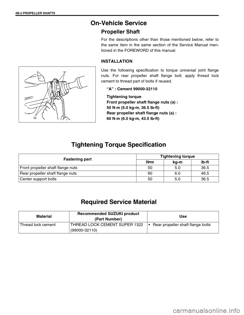 SUZUKI GRAND VITARA 1999 2.G Owners Manual 4B-2 PROPELLER SHAFTS
On-Vehicle Service
Propeller Shaft
For the descriptions other than those mentioned below, refer to
the same item in the same section of the Service Manual men-
tioned in the FORE
